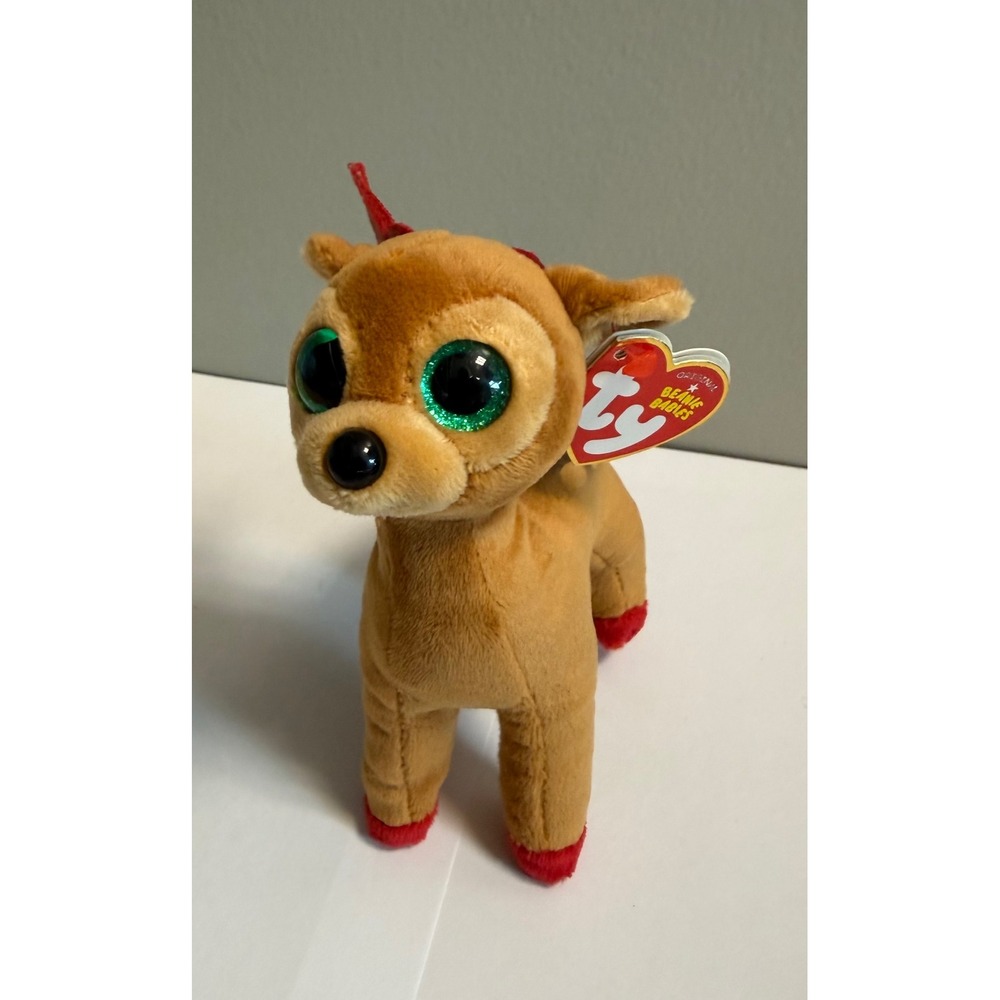Ty Beanie Babies Tinsel Reindeer Plush Brown Red Holiday Deer Green Glitter Eyes